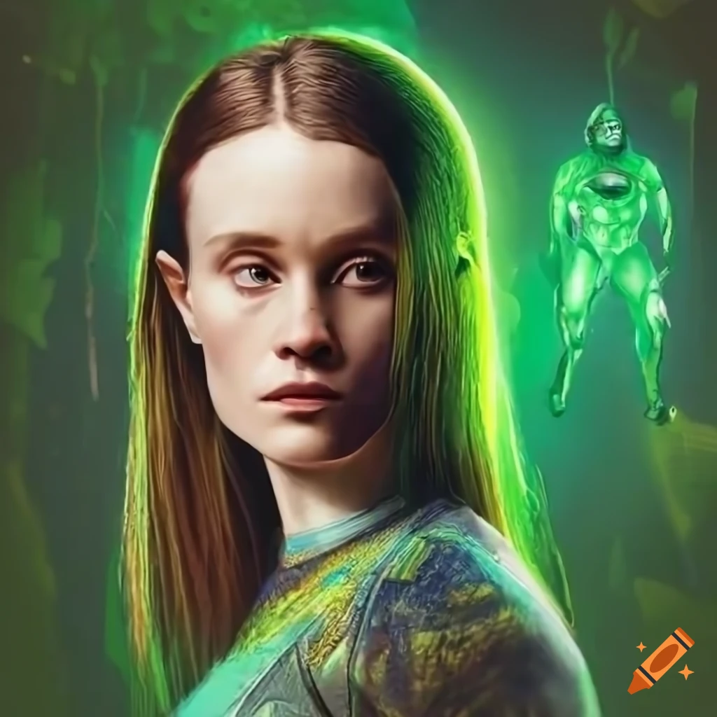 Sigrid as Timelord Dr Who flying through alien jungle like Green Lantern and Iron Man