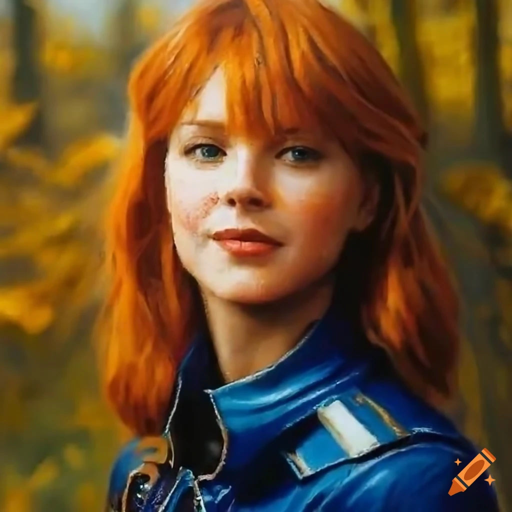 Artistic portrait of a smiling actress in a blue vault-suit in a blooming forest