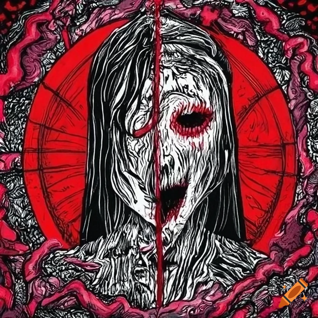 Intricate black, red, and white ink drawing of a tormented ghost in extreme anxiety