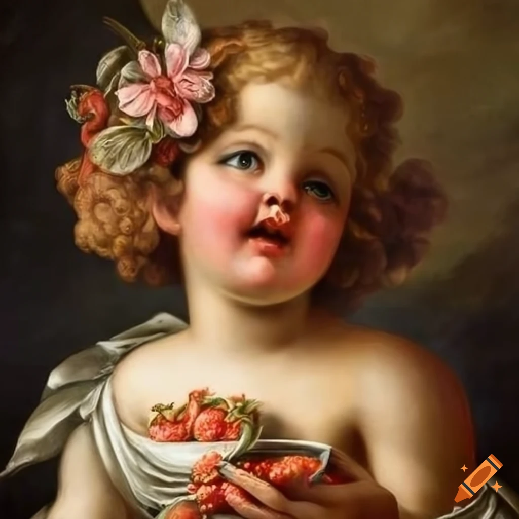 Renaissance painting of cherubs picking strawberries with gold leaf details