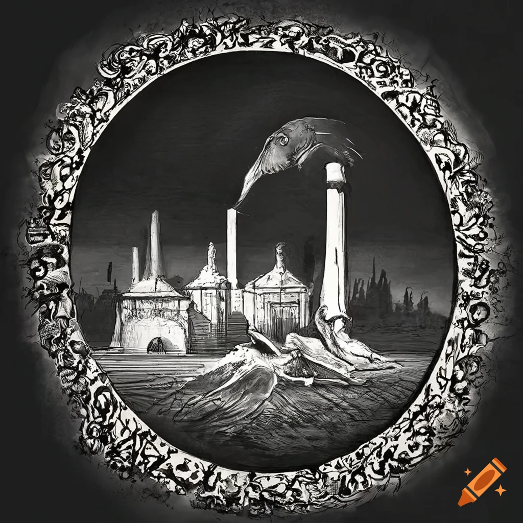 Surreal white ink on black art with animal skeleton and industrial smokestacks
