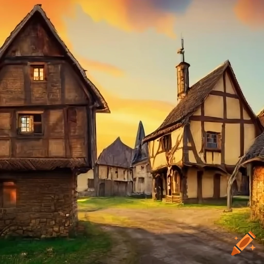 Medieval village in the style of Rembrandt