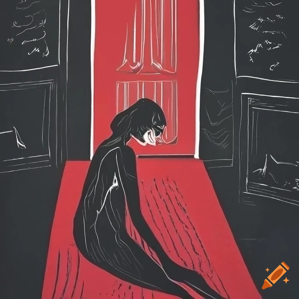 Woman in a stark lino print of an empty room with black, white, and red colors