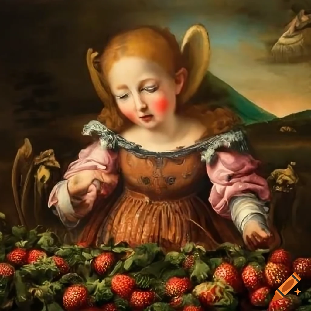 Group of angels frolicking in a strawberry field with gold leaf touches