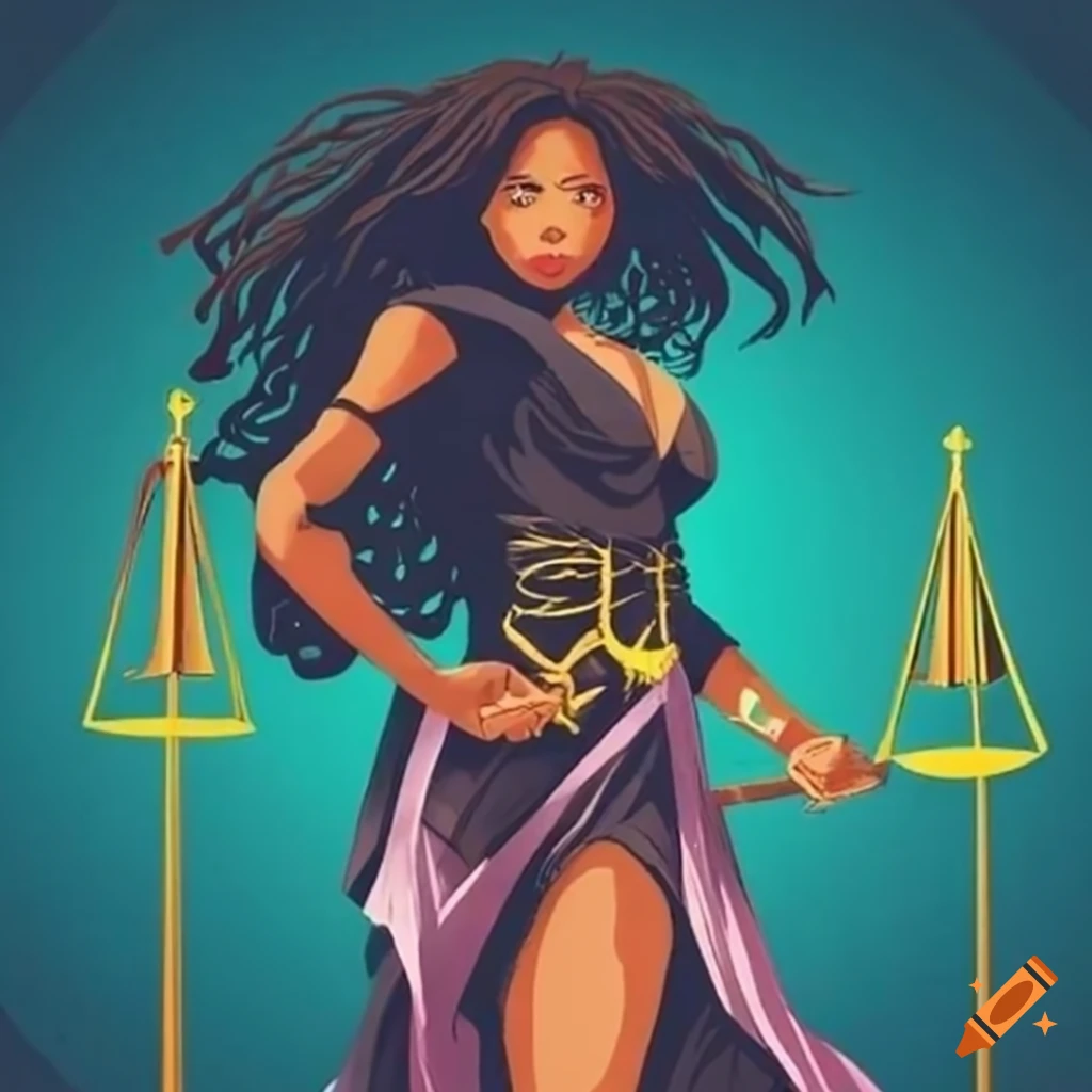 Woman symbolizing justice with black balance scales
