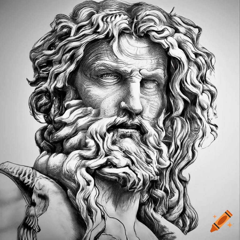 Detailed pen art of Greek god Zeus
