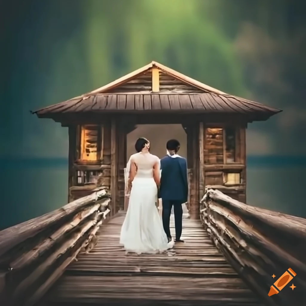 Bride and groom walking on wooden house in the middle of a lake