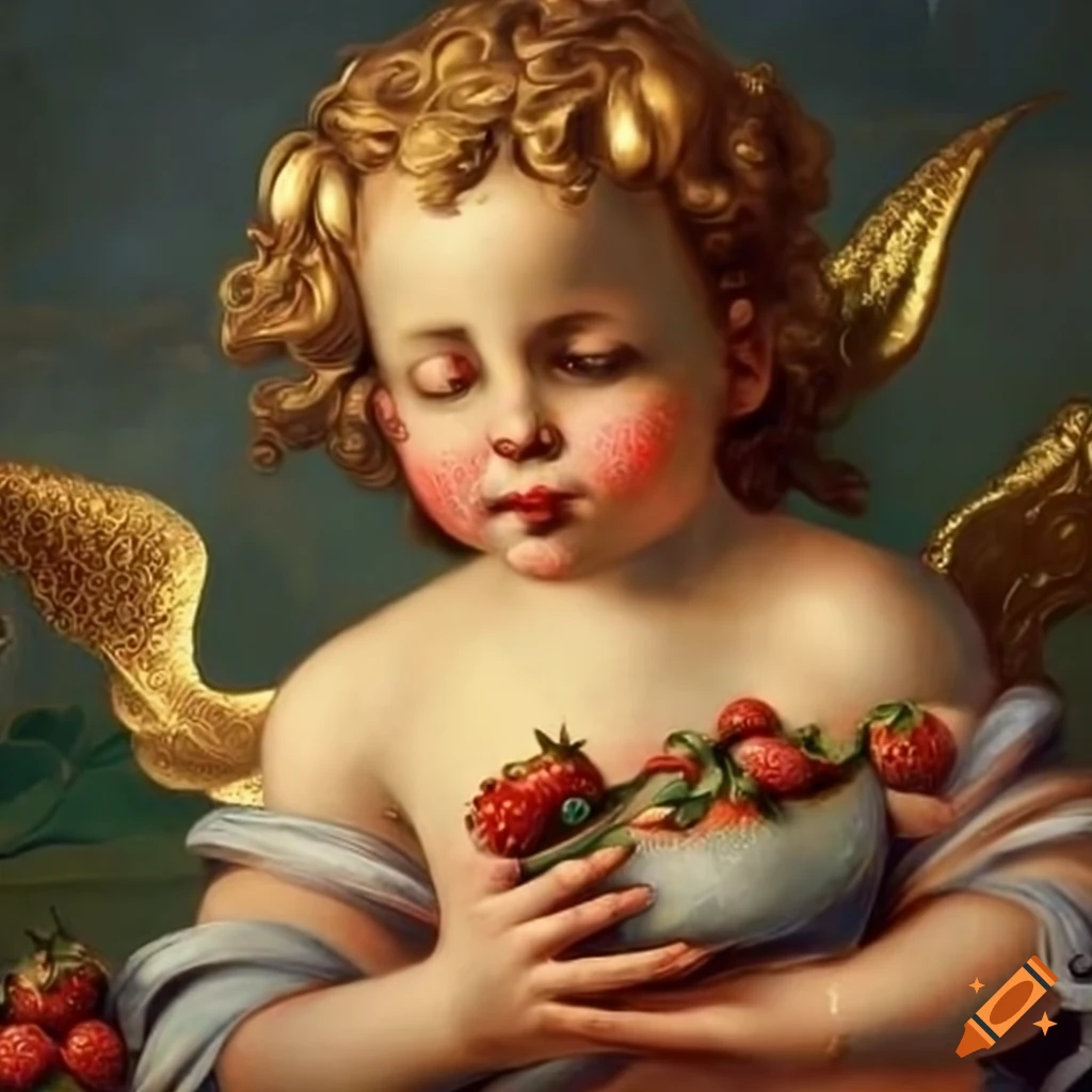 Renaissance painting of cherubs picking strawberries with gold leaf details