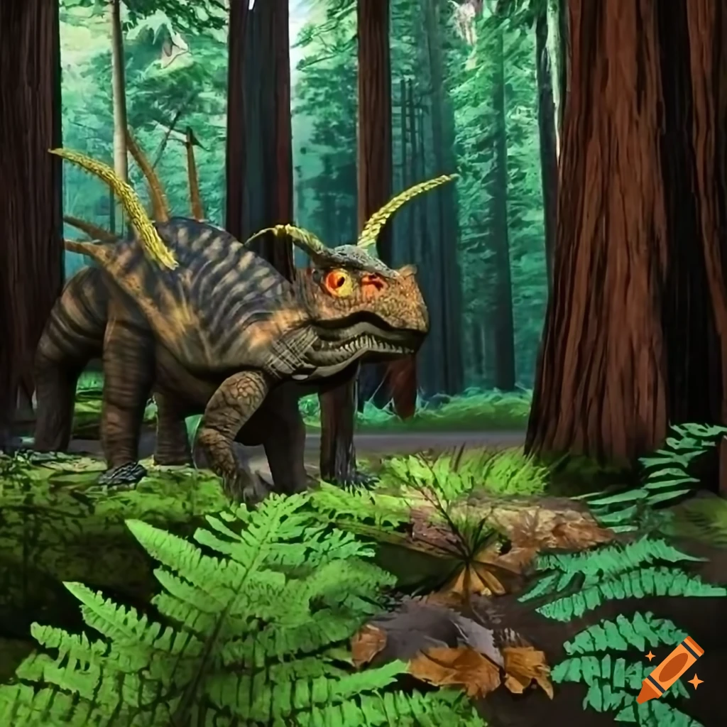 Styracosaurus duo in a sunny fern-covered clearing with fallen leaves