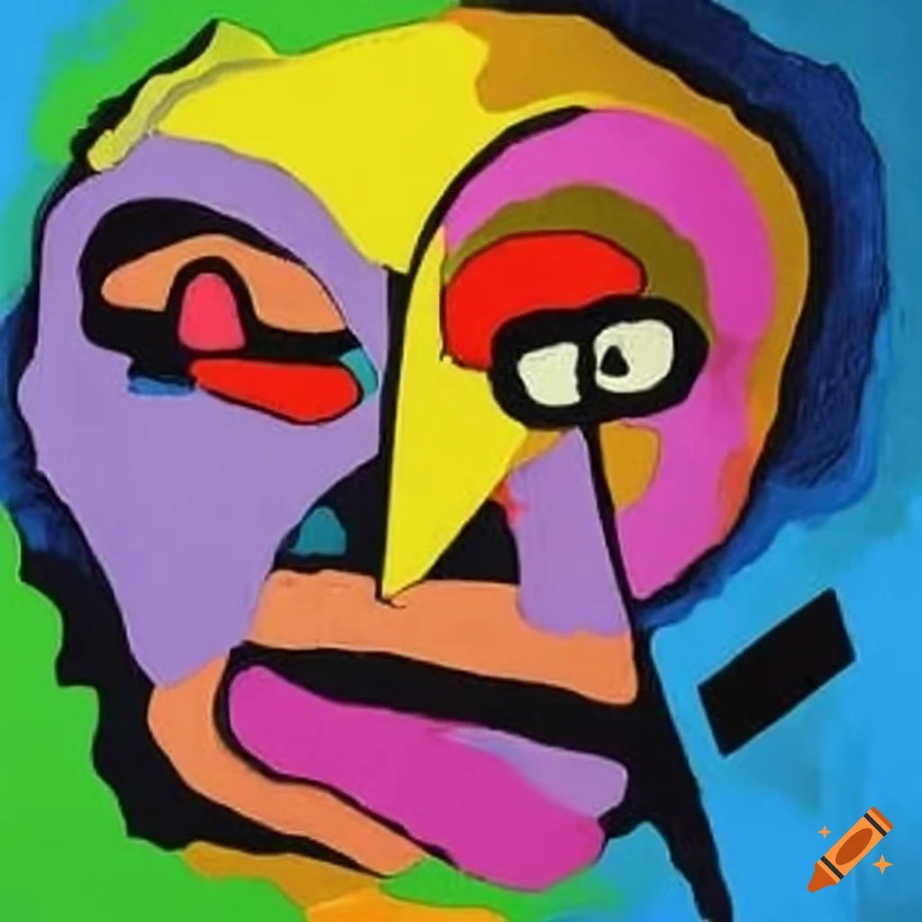 Colorful abstract painting of a grumpy face by Kandinsky and Karel Appel