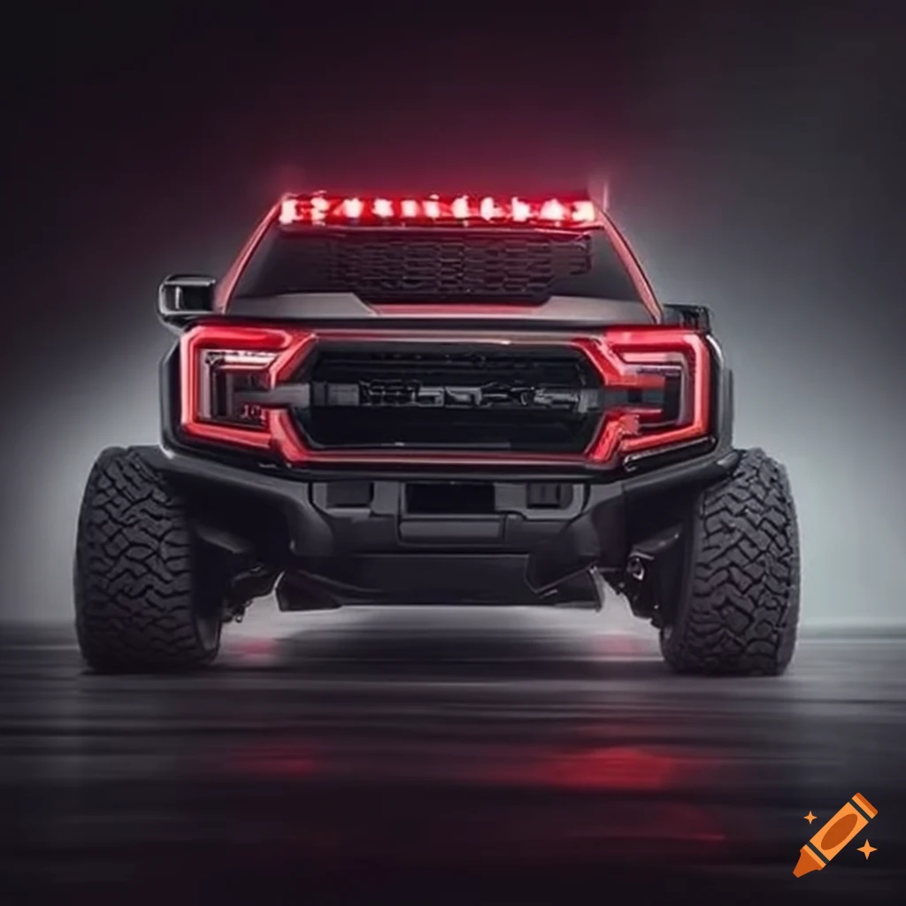 Black Ford Raptor with low red LEDs and aggressive body kit