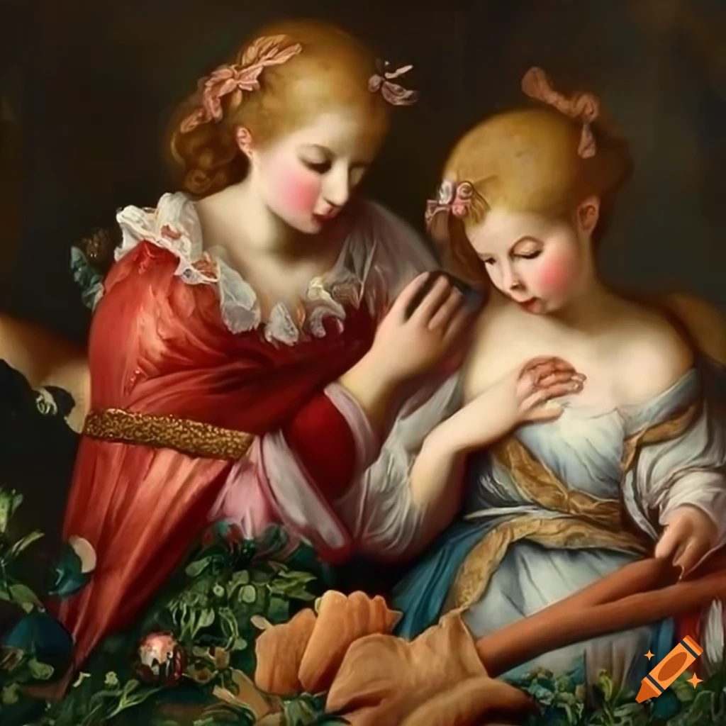 Group of angels frolicking in a strawberry field with gold leaf touches