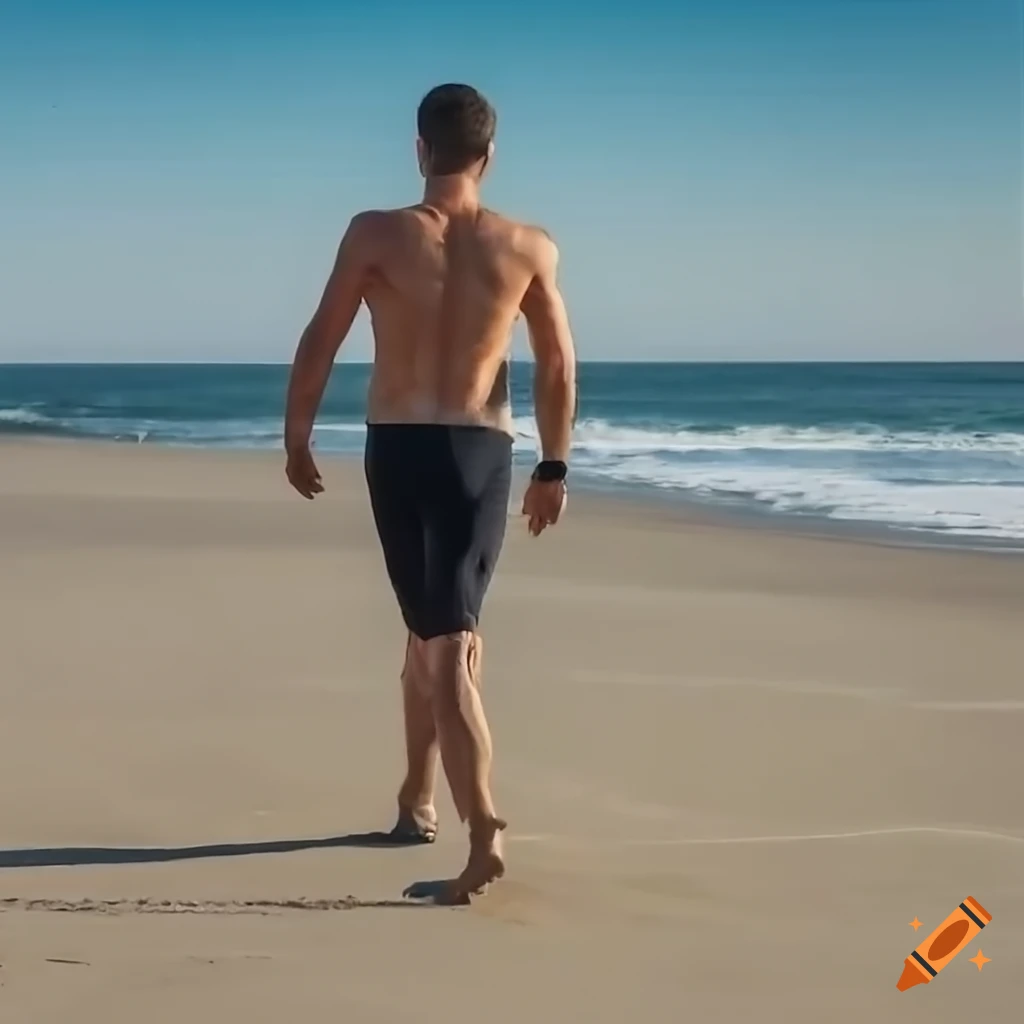 Man walking on the beach with hazel eyes and athletic build