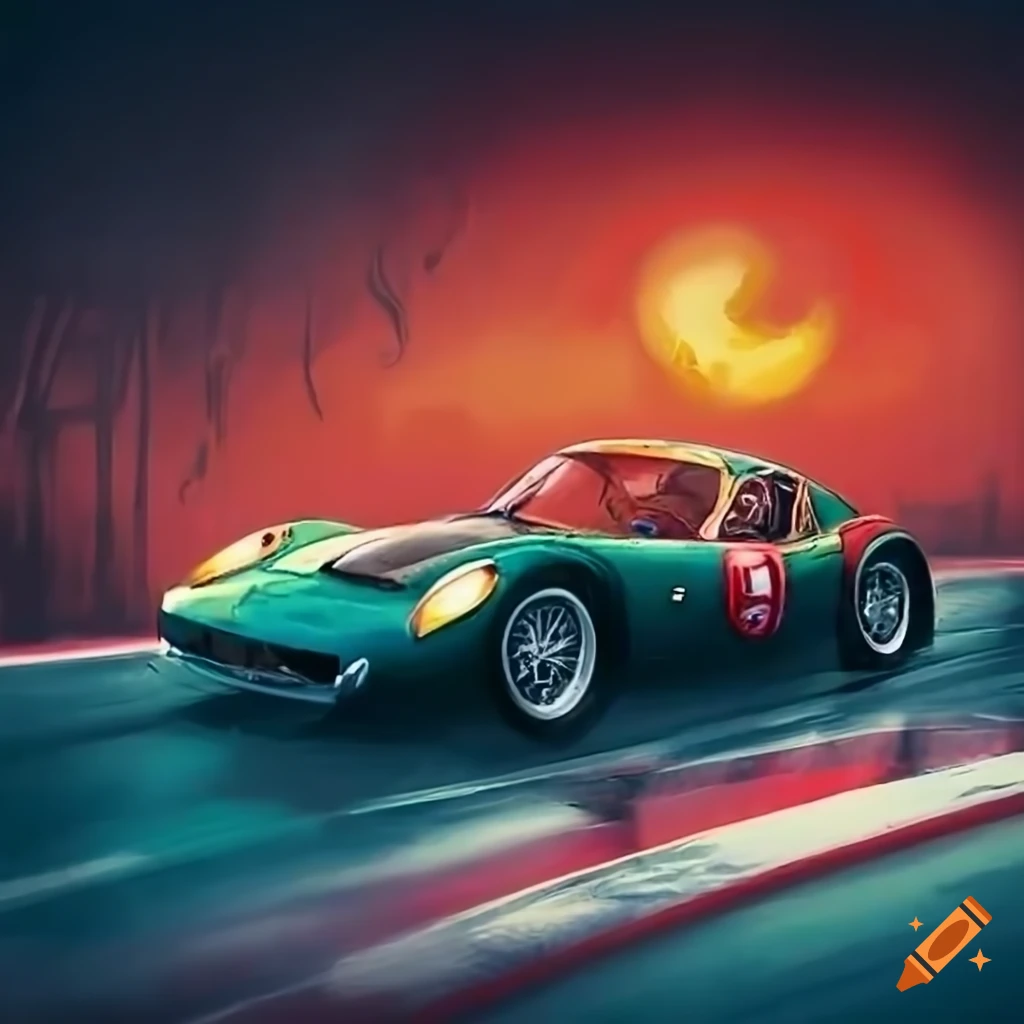 Rainy weather oldtimer Ferrari race on winding racetrack with spectators in ultra wide angle, inspired by Alfredo De La Maria