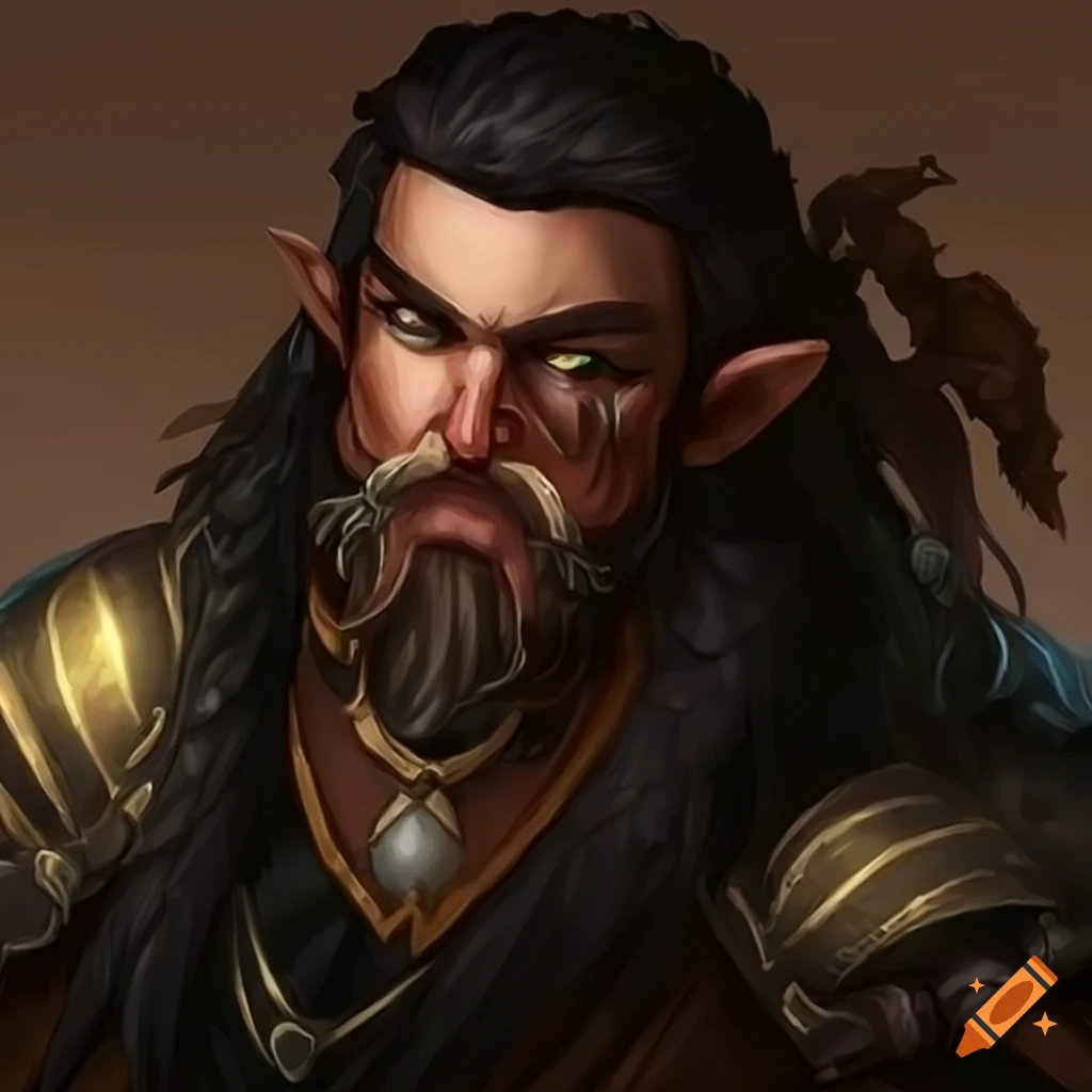Fantasy male dwarf healer with green eyes and black hair