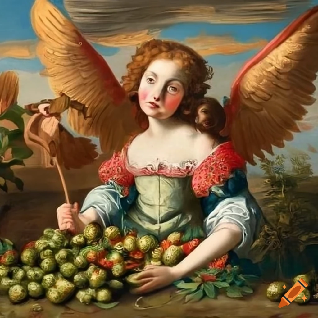 Group of angels frolicking in a strawberry field with gold leaf touches