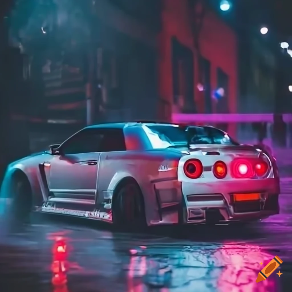 Grey Nissan GTR R34 drifting in neon-lit rainy streets