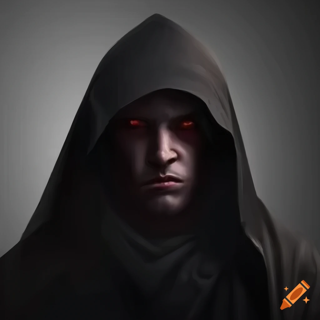 Middle-aged male rogue with red eyes and gray-blond hair in a black robe