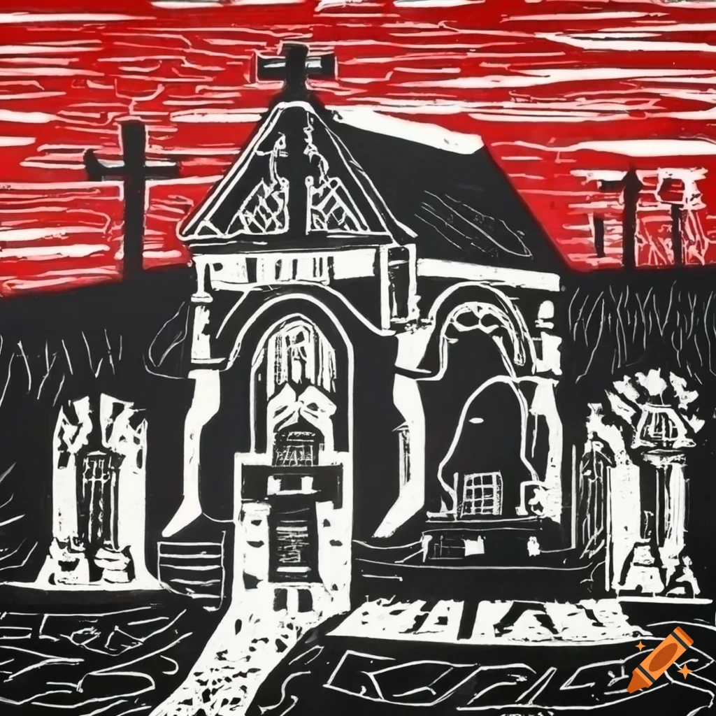 Stark lino print of a cemetery scene with black, white, and red colors and geometric designs
