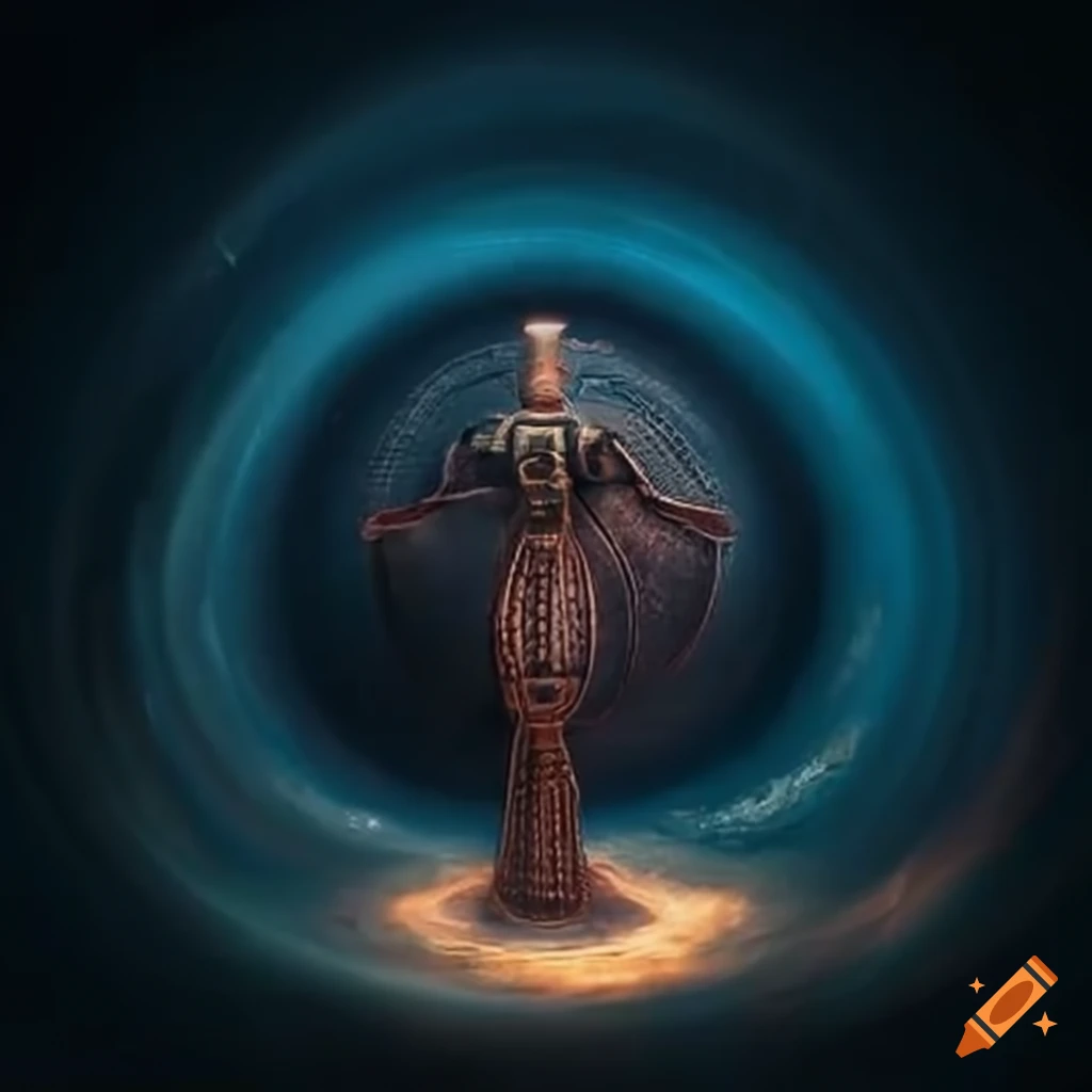 Surreal scene of a pharaoh's pyramid inside a vortex with otherworldly beings
