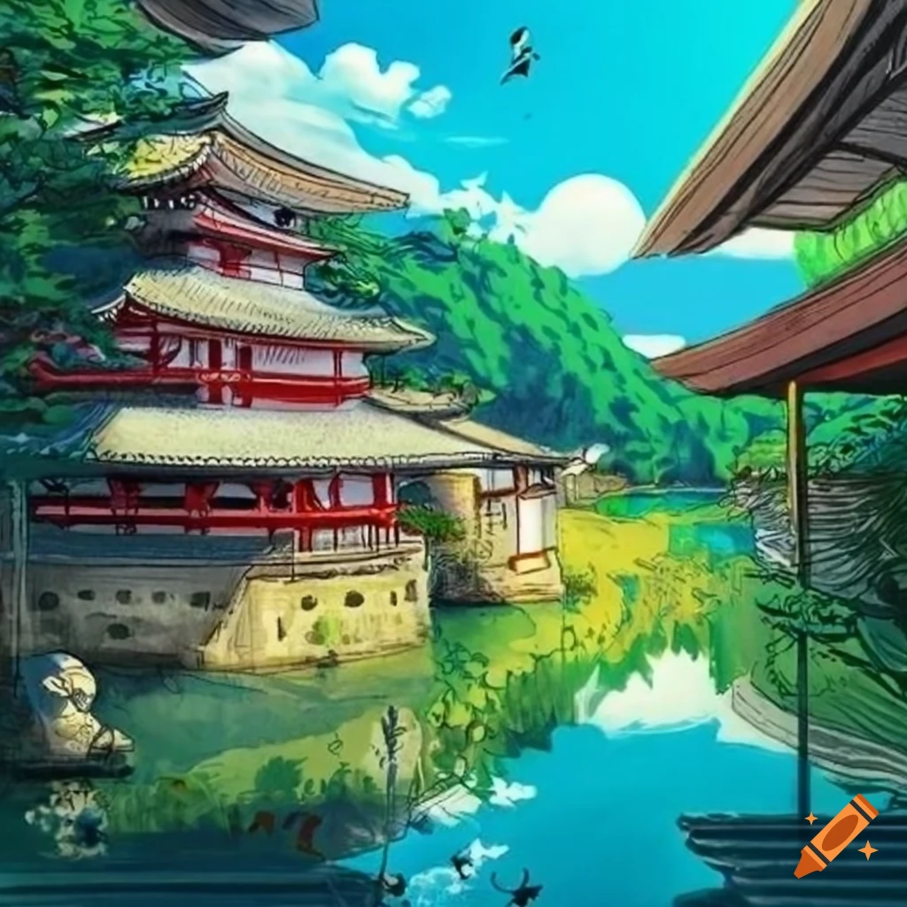 Hand-painted Japanese Ghibli-inspired 2D landscape