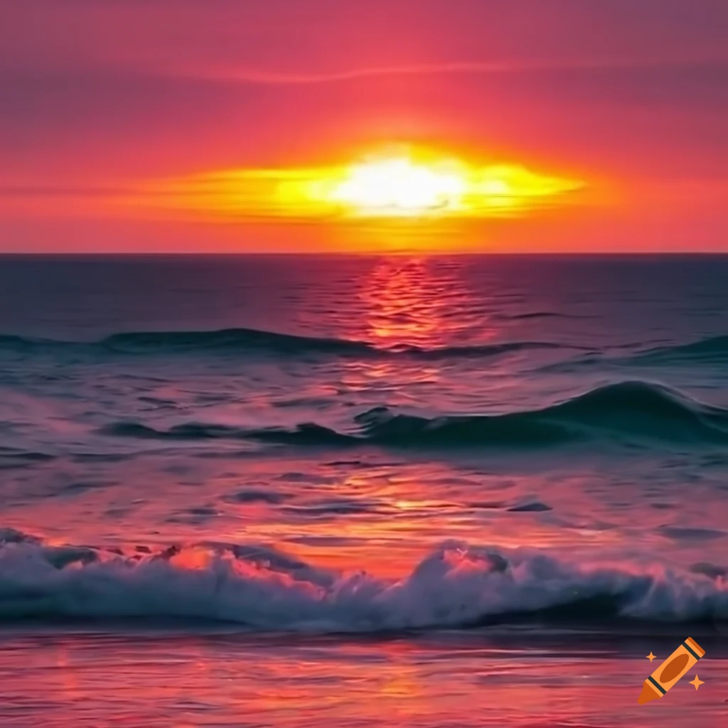 White capped waves under a pink and orange sunset