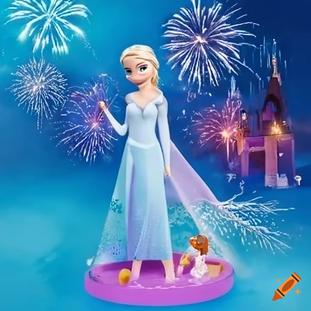 Elsa at Arendelle castle with fireworks display