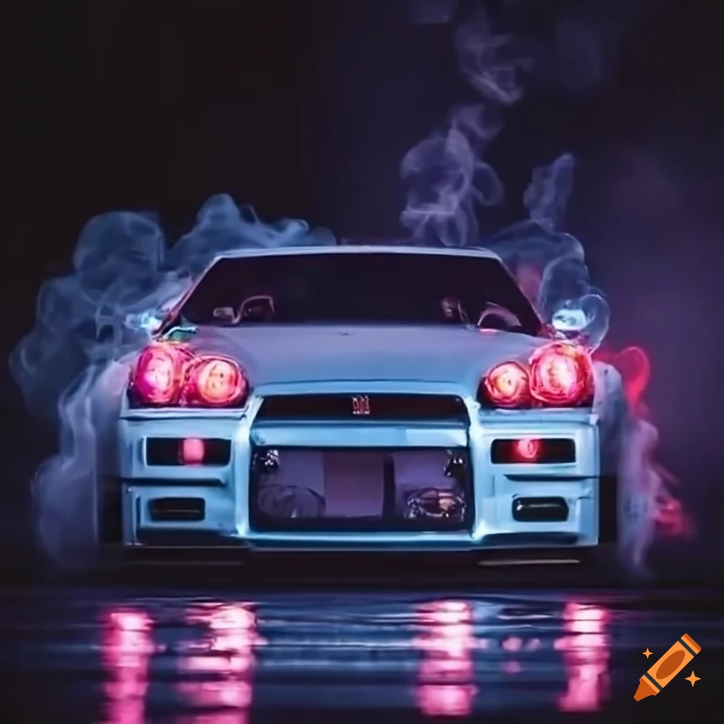 Grey Nissan GTR R34 drifting in neon-lit rainy streets