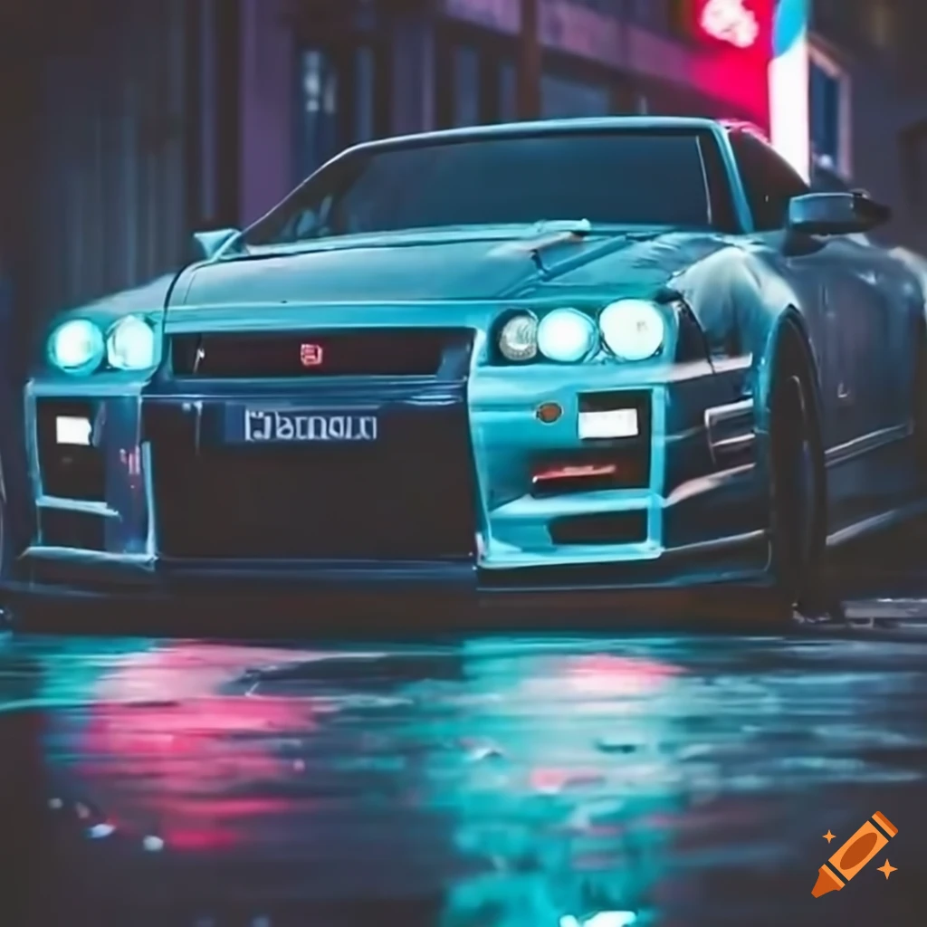 Grey Nissan GTR R34 drifting in neon-lit rainy streets