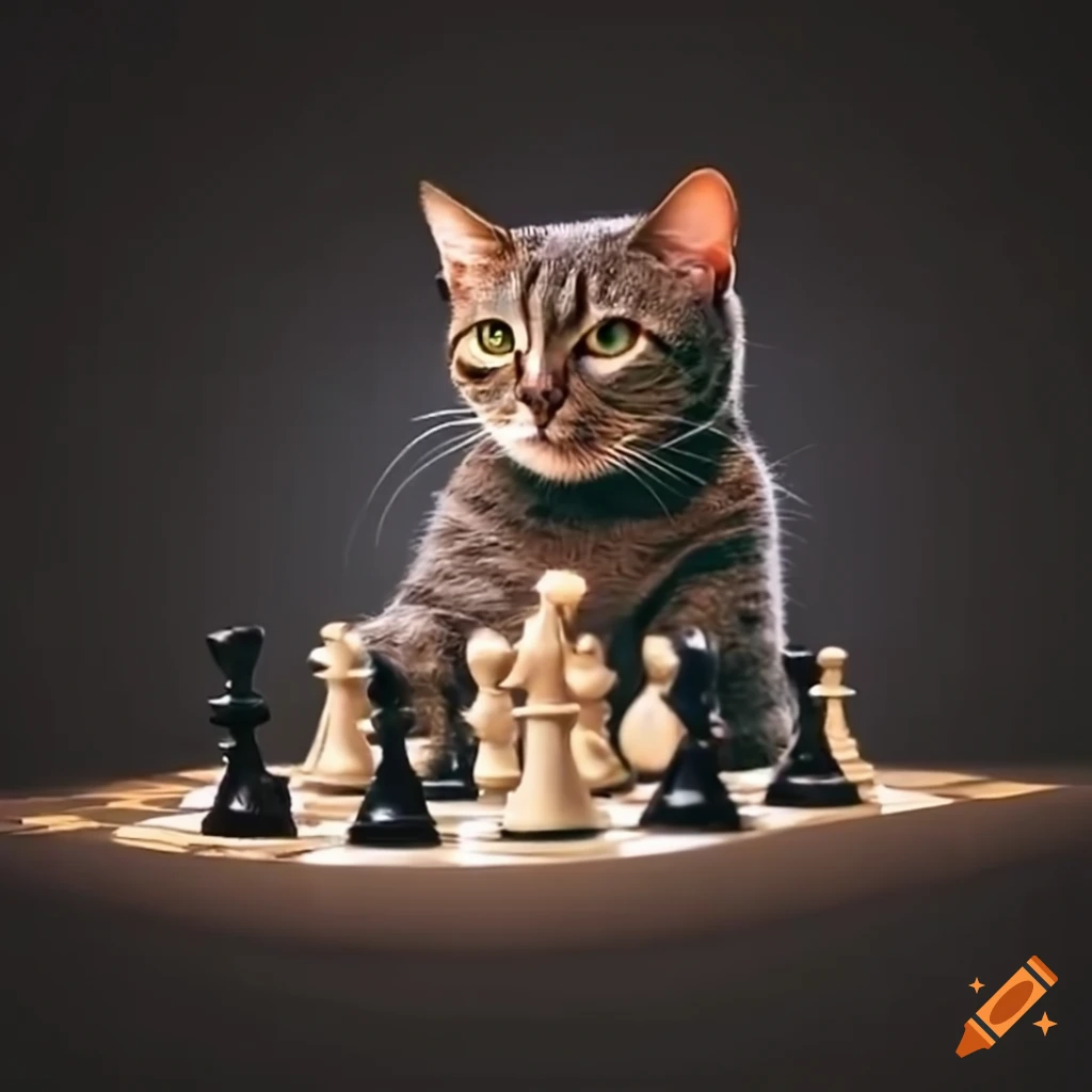 Cat playing chess and contemplating its next move