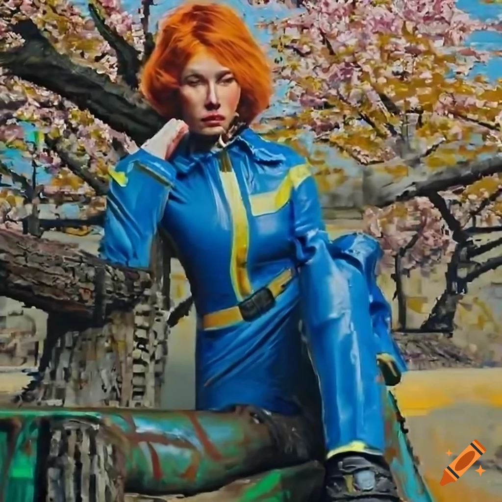 European woman in blue vault-suit sleeping under a blooming cherry tree in a Fallout 4 scene
