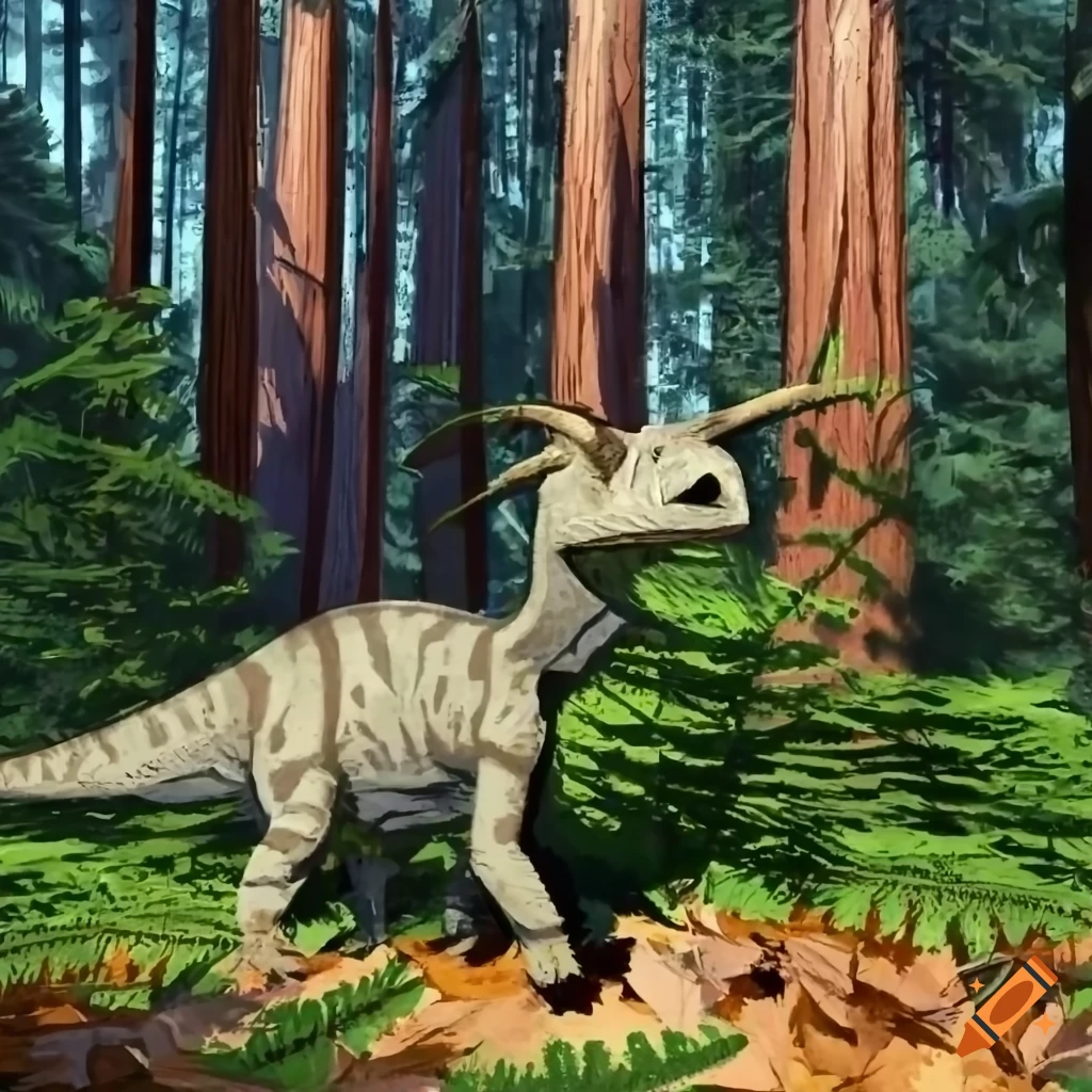 Styracosaurus duo in a sunny fern-covered clearing with fallen leaves