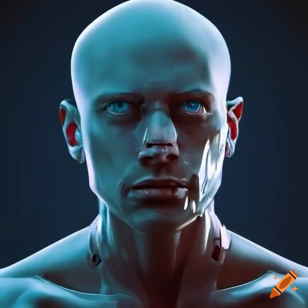 Cyborg male with enlarged head illuminated by LED diodes