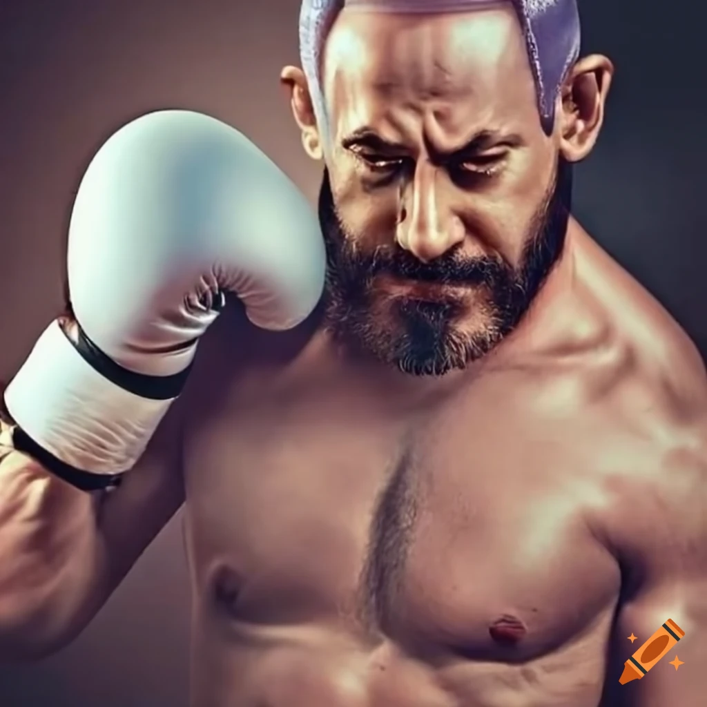 Close up of muscular man with boxing gloves and a beard