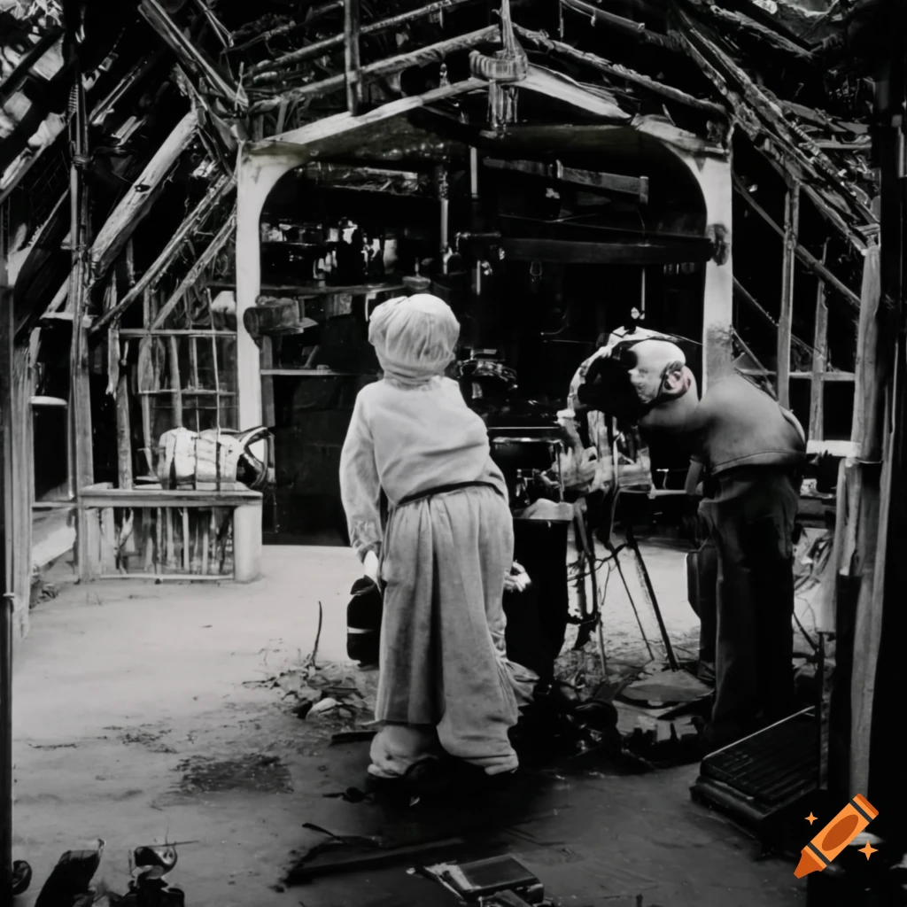 Silent film crew in a greenhouse with actors in pig costumes