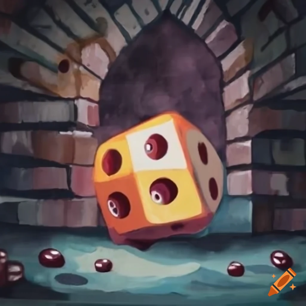 Dice falling down stairs into a cellar in a 2D illustration