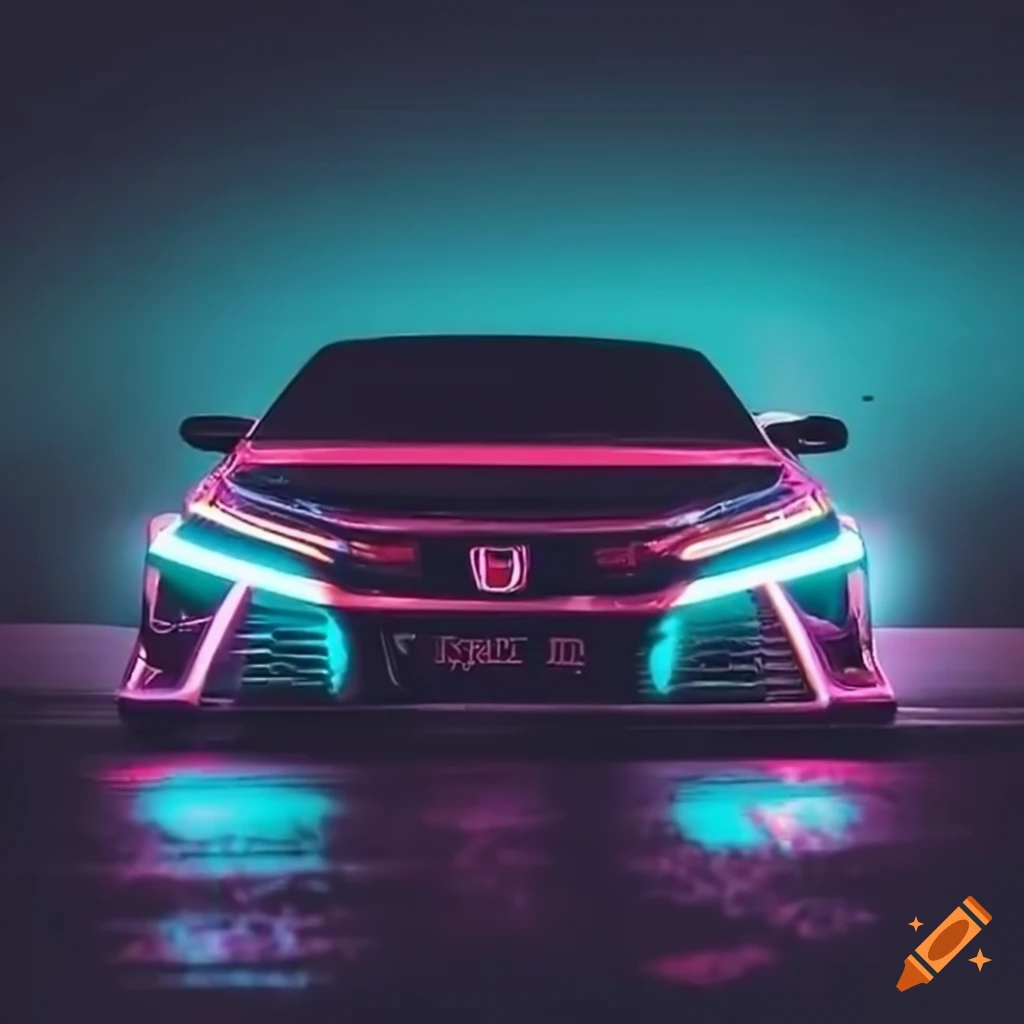 Customized Honda Civic drifting on an empty racetrack with neon lights