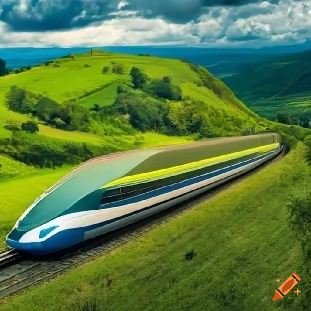 Maglev train passing through green hills and white houses