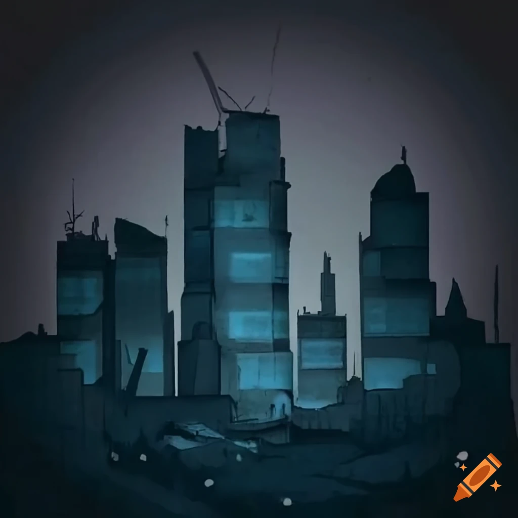 Abandoned underground city with blue buildings surrounded by brown darkness