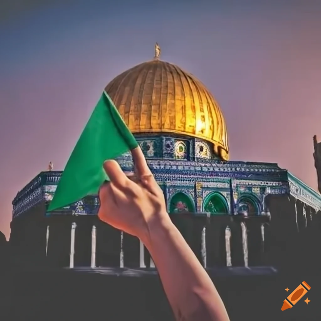 People holding Syria and Palestine flags with Al-Aqsa mosque in the background