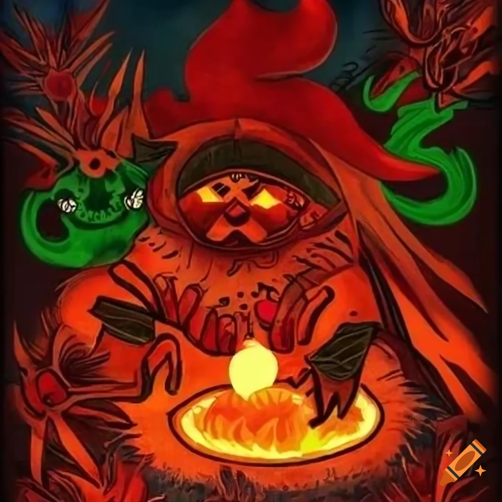 Inuit folk art drawing of gnomes mining a glowing relic