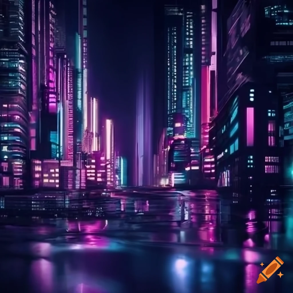 Futuristic cityscape with neon lights in a dark night scene
