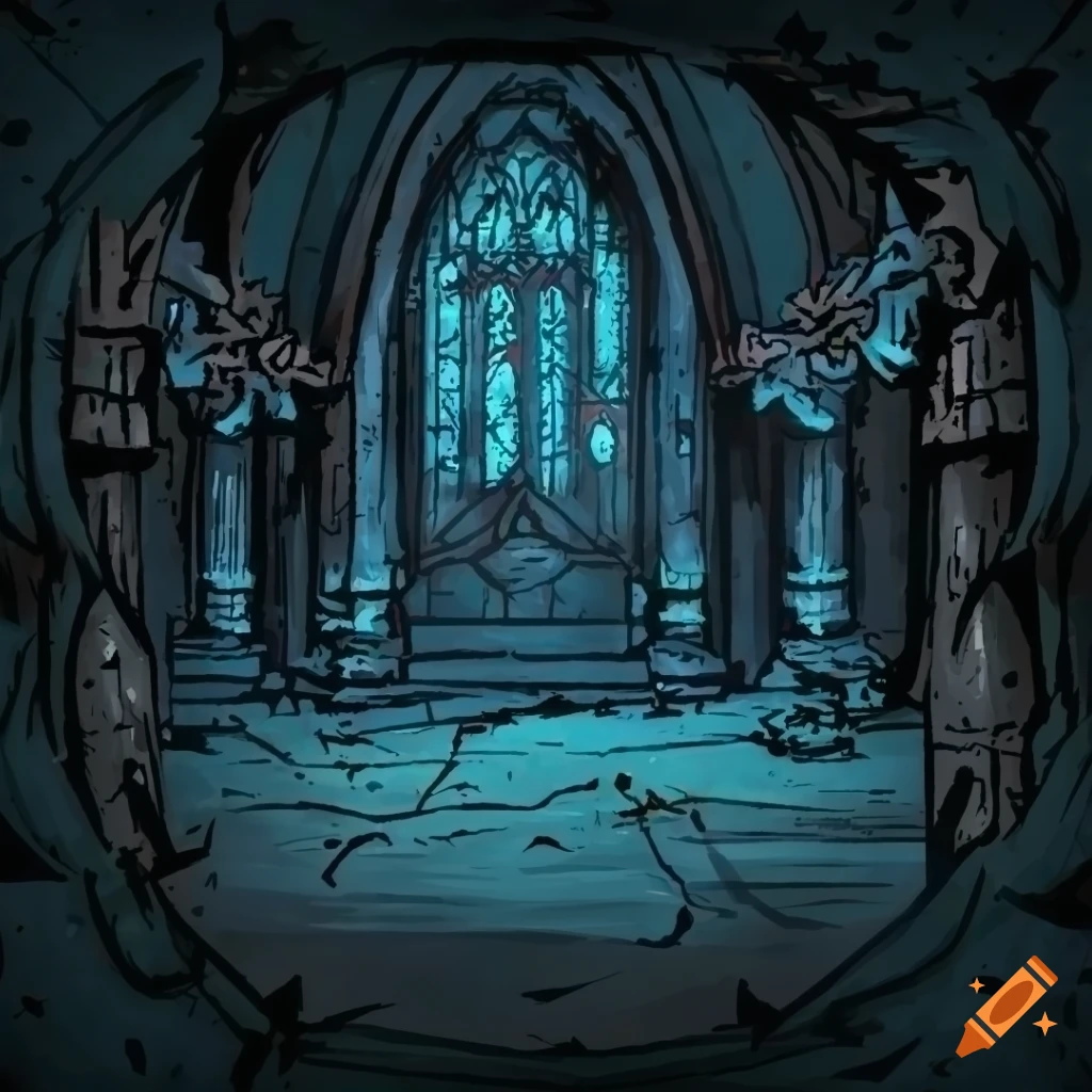 Gloomy dark hall with debris in gothic style inspired by Darkest Dungeon
