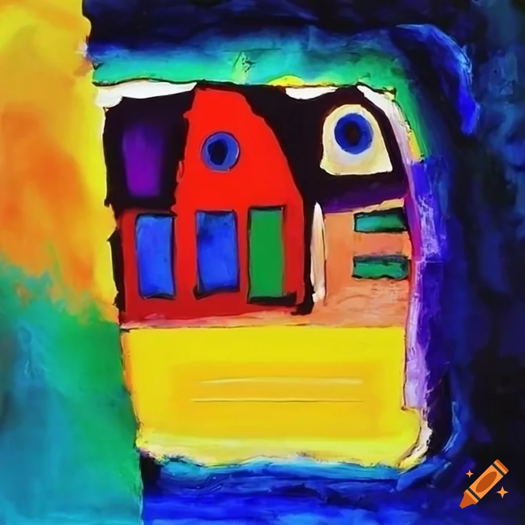 Colorful abstract painting of a house by Kandinsky and Karel Appel