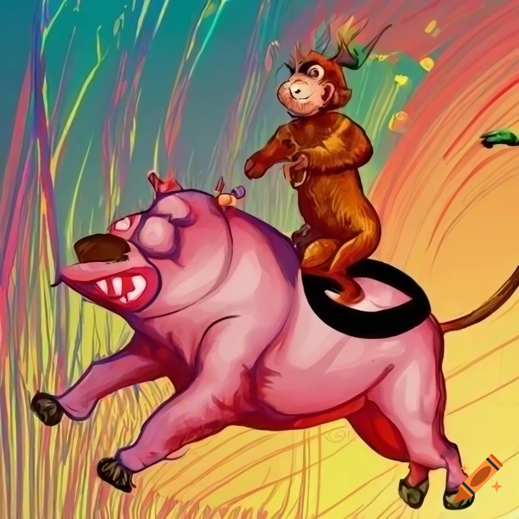 Whimsical circus scene with animals stacked: monkey on dog on pig on horse