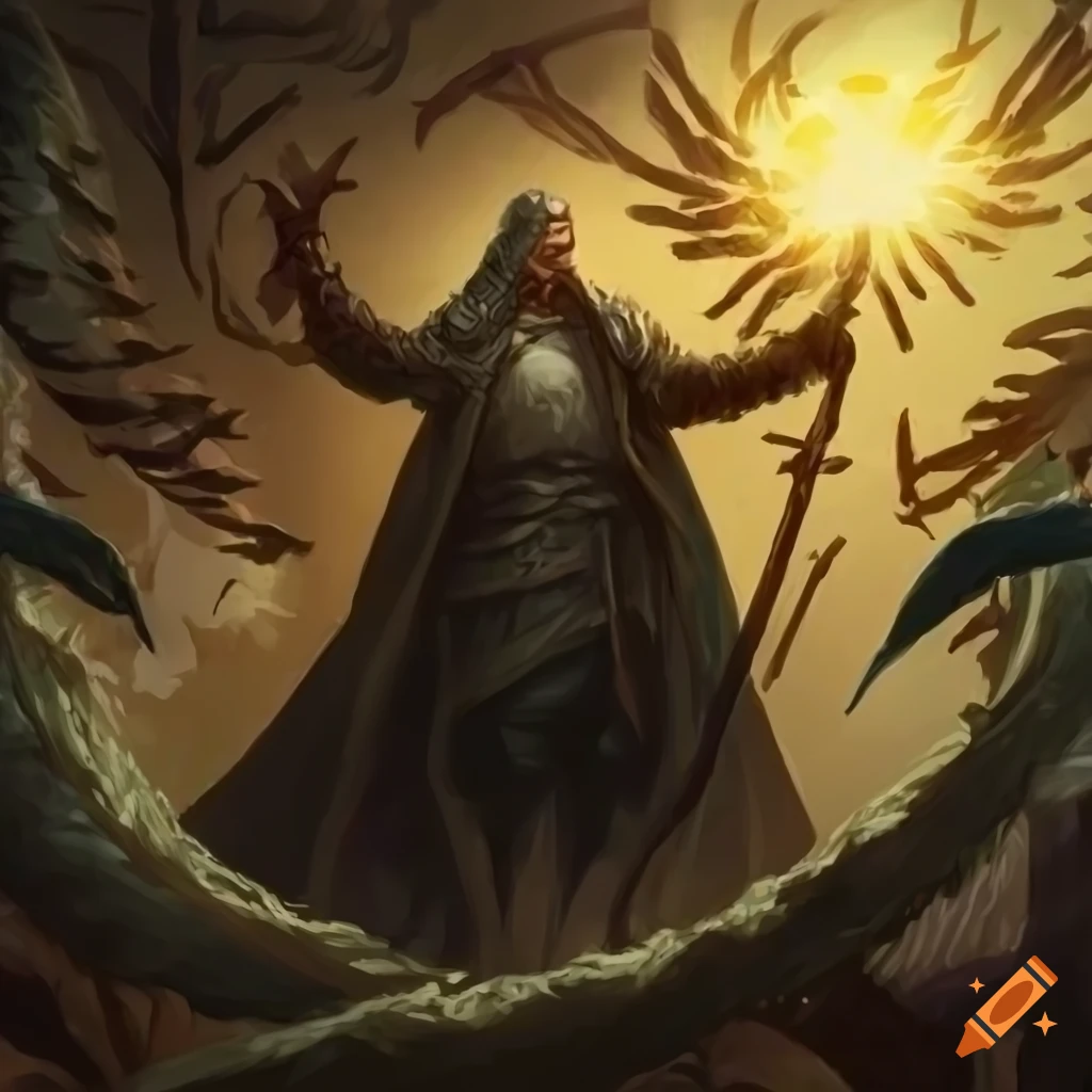 Cavalien wizard surrounded by a circle of feathers in magic gathering art