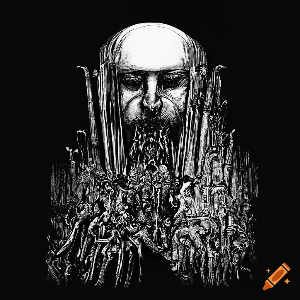 Surreal white ink art with Gustave Dore, art deco, mindflayers, halflings, and H. R. Giger style