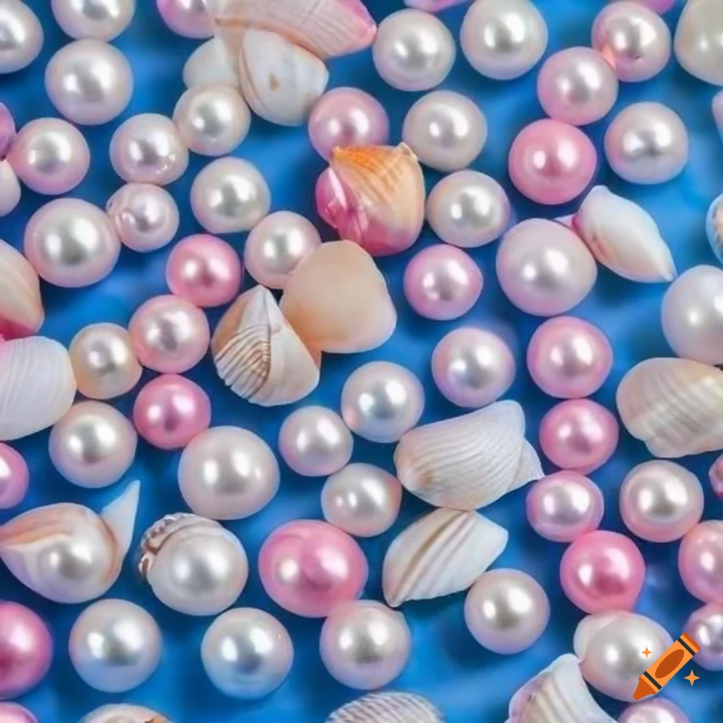 Blue background with white pearls and pink shells