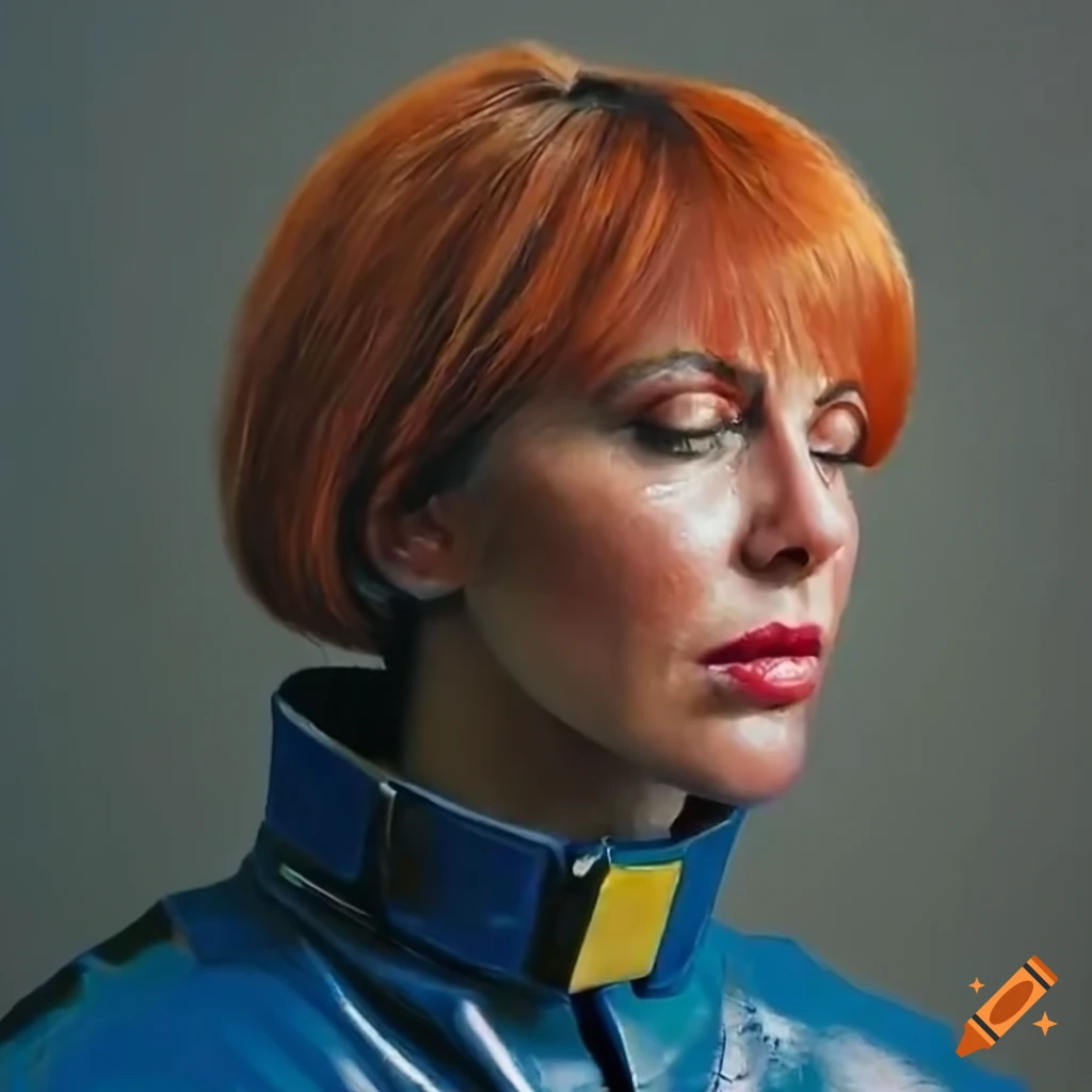 Side view of a European woman in blue leather vault-suit sleeping under a blooming cherry tree in a Fallout 4 inspired scene