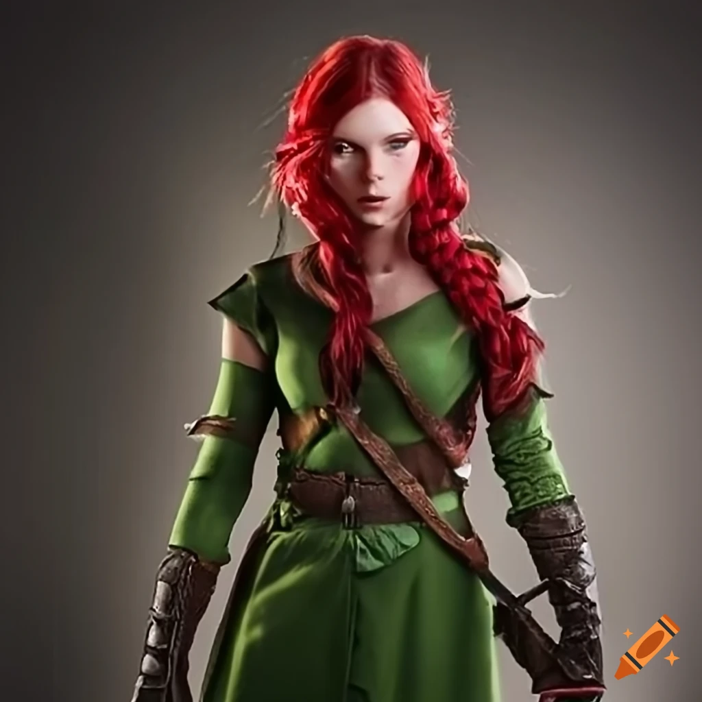 Elf ranger-thief with red braids and green clothing